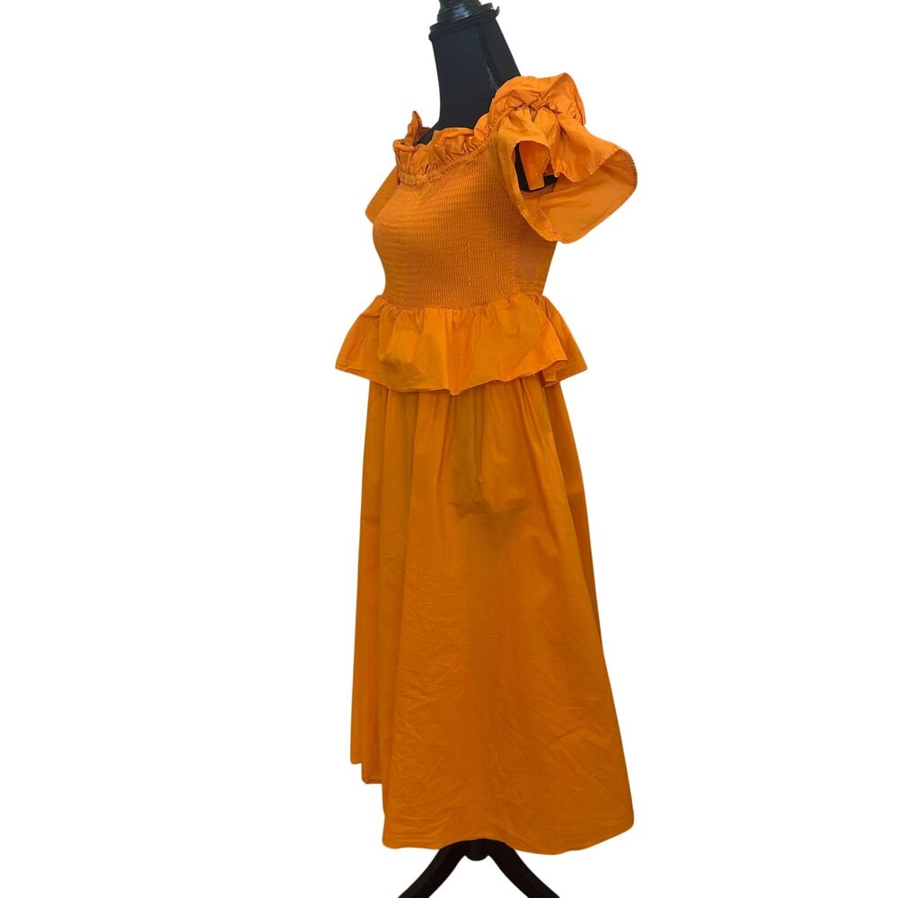 Toccin Orange Midi Dress MEDIUM Smocked Cottage Ruffle Cotton Designer $500 - Picture 9 of 11